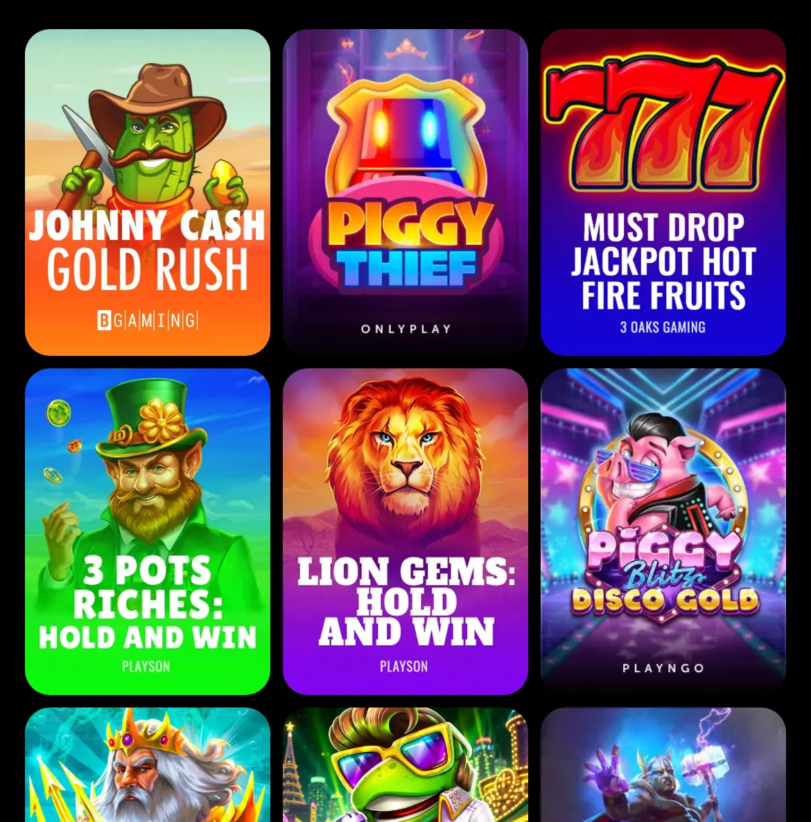 Η κατηγορία Τζάκποτς του Blitz σε κινητό: Johnny Cash Gold Rush, Piggy Thief, Must Drop Jackpot Hot Fire Fruits, 3 Pots Riches, Lion Gems, Tritons Realm και Thor Infinity Reels