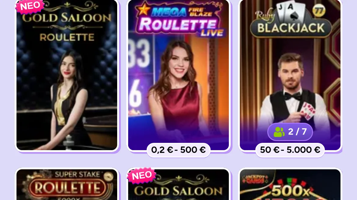 Ζωντανά τραπέζια της Spinbara σε κινητό: Gold Saloon Roulette, Mega Roulette Fire Blaze Live με όρια 0,2 €–500 € και Ruby Blackjack 77 με όρια 50 €–5.000 € και δύο από τις επτά θέσεις πιασμένες